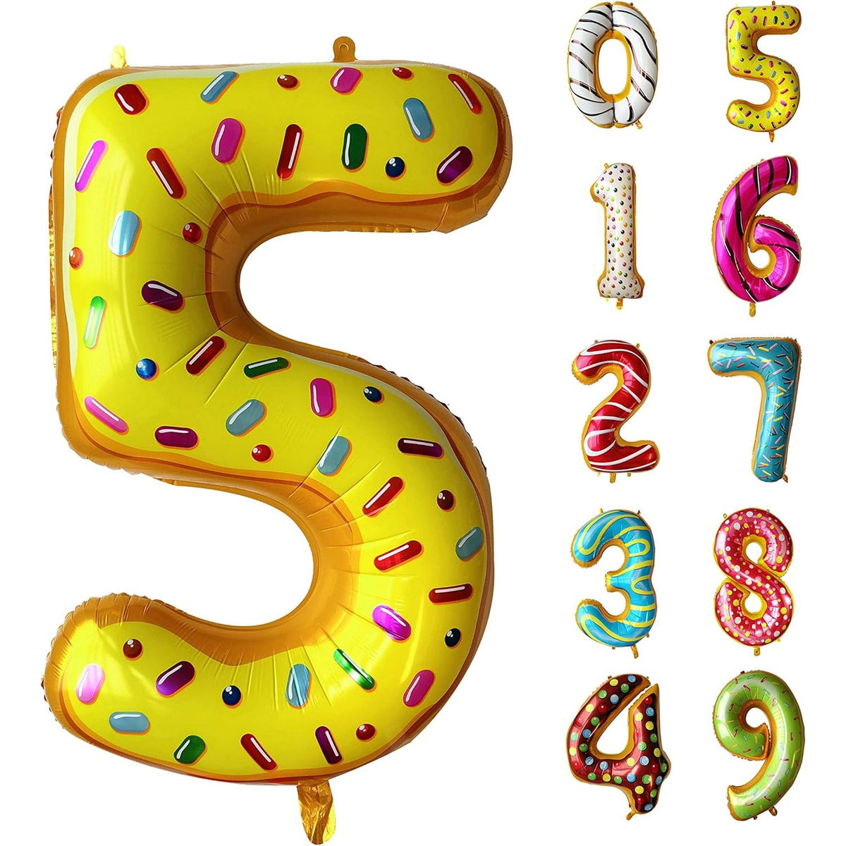 Balon Aniversar Cifra 5, Figurina Gigant cu Imprimeu Gogosi, Folie Metalizata, Umflare Aer sau Heliu, 100 cm, Multicolor