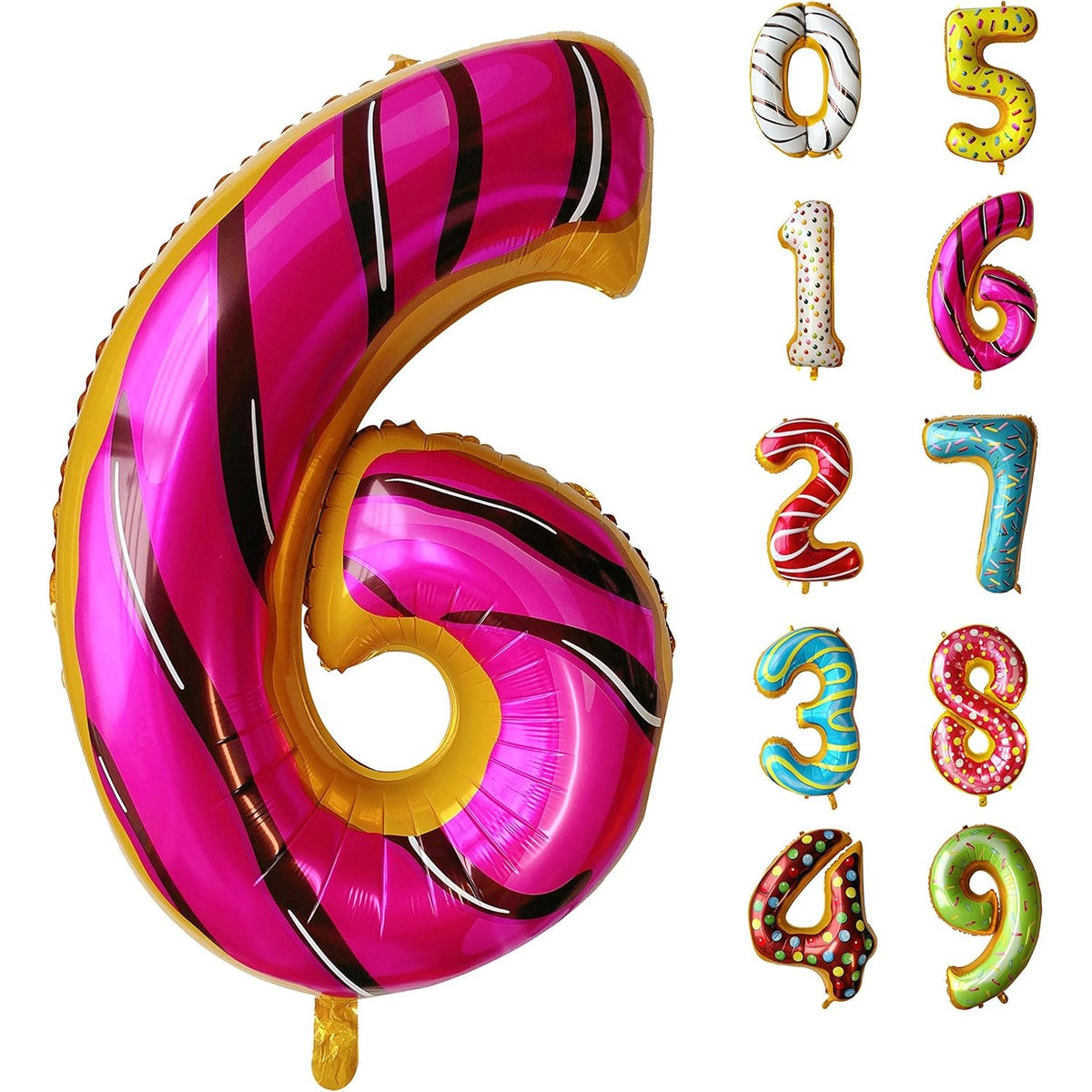 Balon Aniversar Cifra 6, Figurina din Folie Metalizata, Imprimeu Gogosi Candy Bar, Umflare Aer sau Heliu, 100 cm, Multicolor