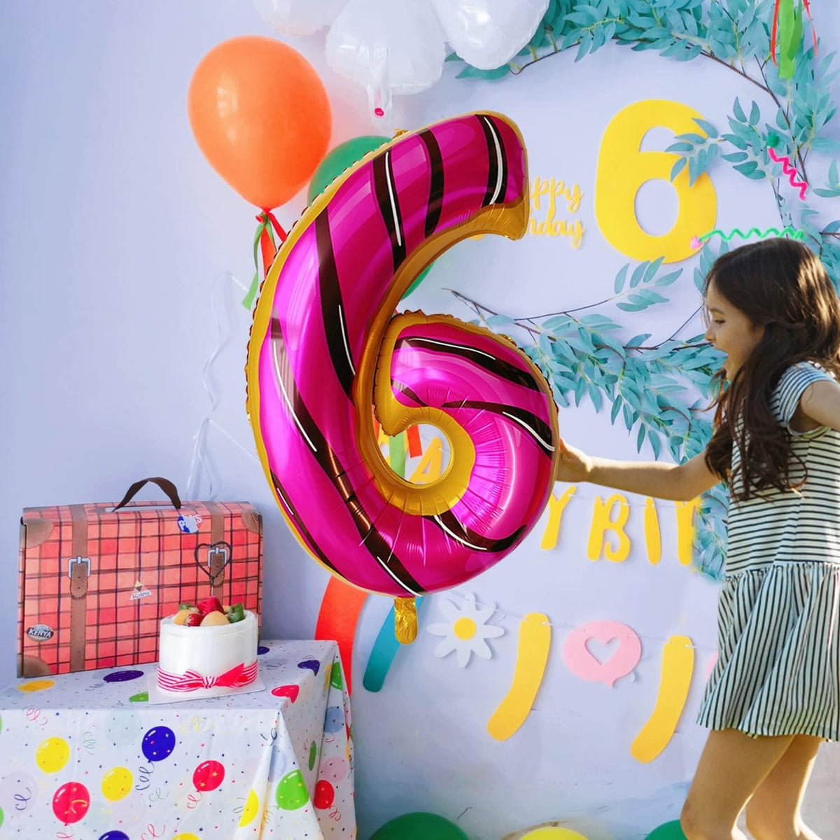 Balon Aniversar Cifra 6, Figurina din Folie Metalizata, Imprimeu Gogosi Candy Bar, Umflare Aer sau Heliu, 100 cm, Multicolor