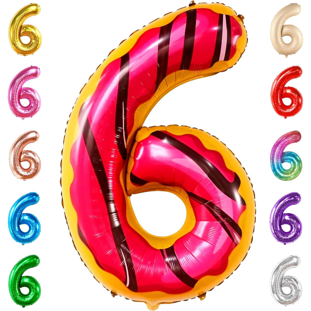 Balon Aniversar Cifra 6, Figurina din Folie Metalizata, Imprimeu Gogosi Candy Bar, Umflare Aer sau Heliu, 100 cm, Multicolor
