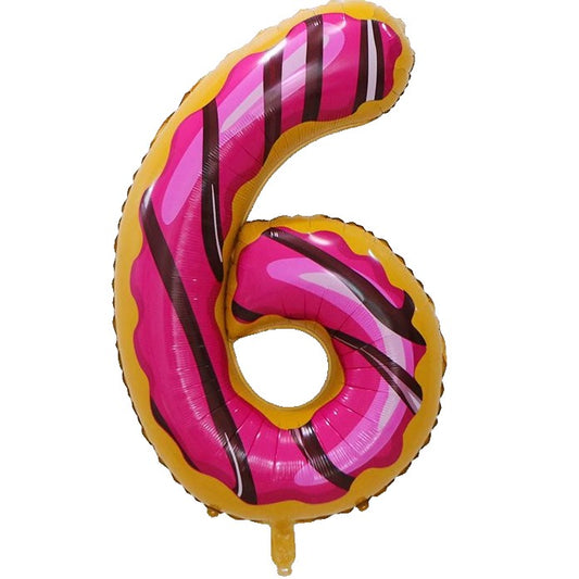 Balon Aniversar Cifra 6, Figurina din Folie Metalizata, Imprimeu Gogosi Candy Bar, Umflare Aer sau Heliu, 100 cm, Multicolor