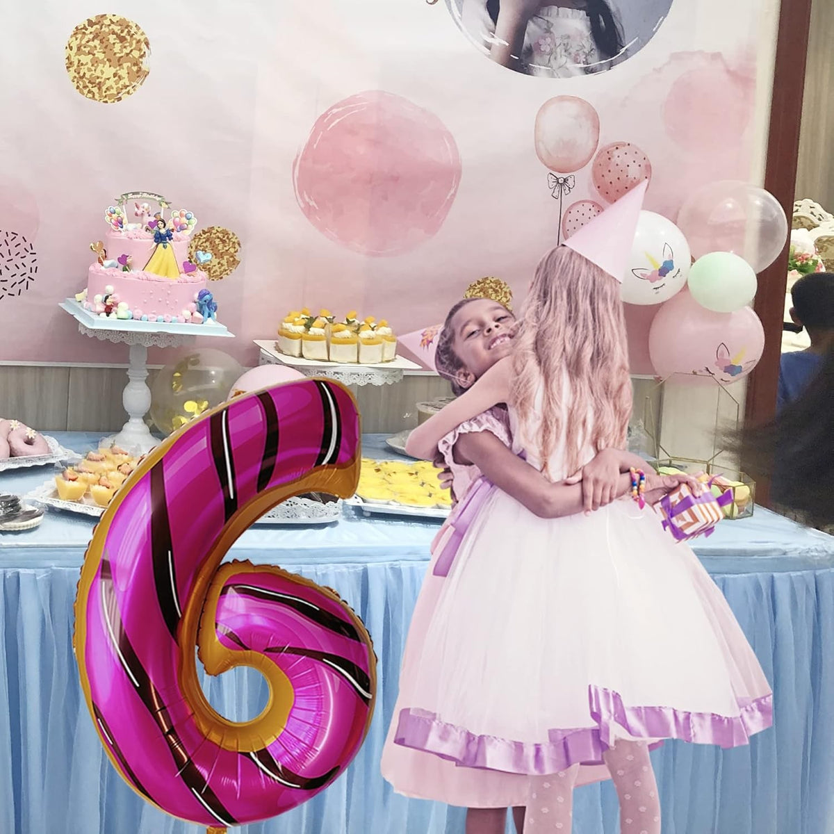 Balon Aniversar Cifra 6, Figurina din Folie Metalizata, Imprimeu Gogosi Candy Bar, Umflare Aer sau Heliu, 100 cm, Multicolor