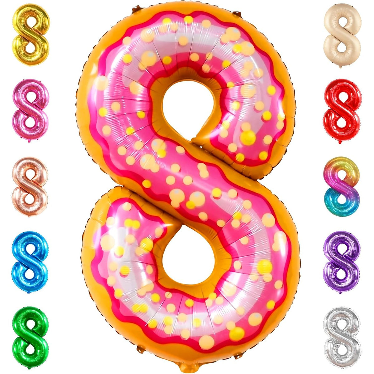 Balon Figurina Cifra 8 din Folie Metalizata, Imprimeu Tematic Gogosi, Decor Petrecere Aniversara, Umflare Aer sau Heliu, Multicolor, Inaltime 100 cm, Pai Inclus