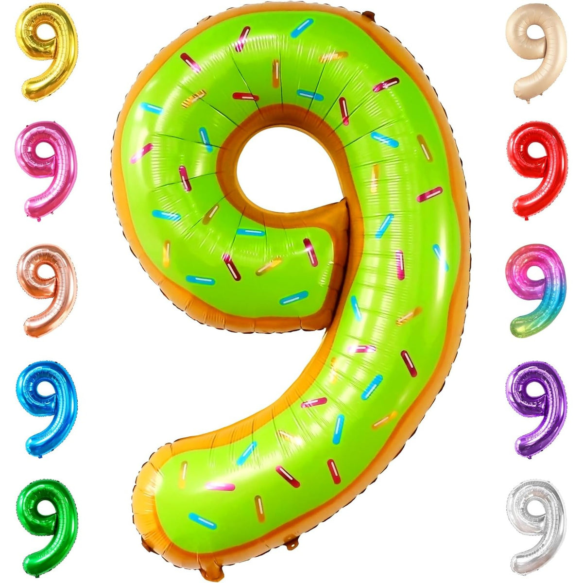 Balon Cifra 9 Aniversar, Figurina Gigant cu Imprimeu Gogosi, Folie Metalizata Rezistenta, Umflare Aer sau Heliu, Pai Inclus, 100 cm, Multicolor
