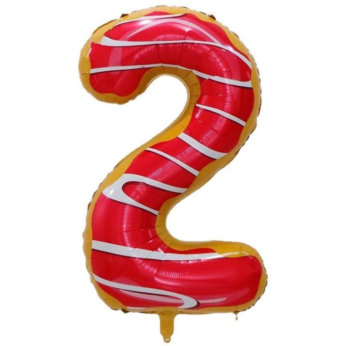 Balon Aniversar Cifra 2, Figurina Gigant din Folie Metalizata, Imprimeu Gogosi Candy Bar, Umflare Aer sau Heliu, 100 cm, Multicolor