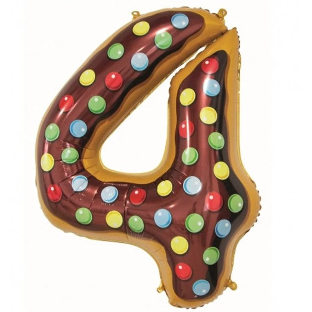 Balon Aniversar Cifra 4 cu Imprimeu Gogosi, Figurina din Folie Metalizata, Decor Petrecere Copii, Umflare Aer sau Heliu, Include Pai, Multicolor, 100 cm