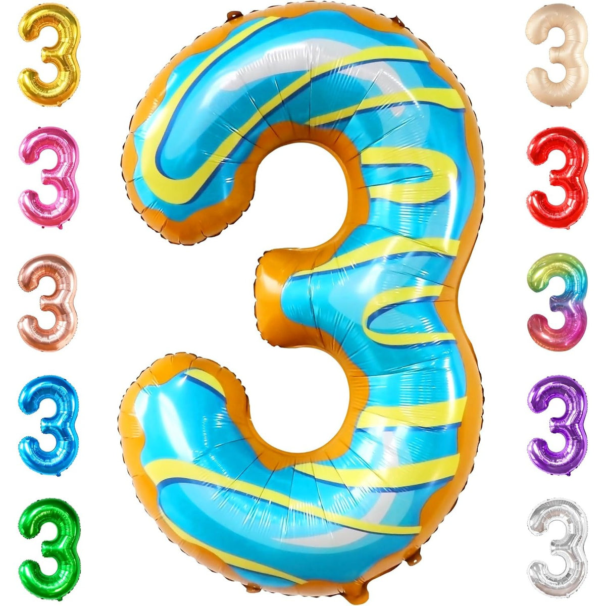 Balon Aniversar Cifra 3, Figurina Gigant din Folie Metalizata, Imprimeu Gogosi, Umflare Aer sau Heliu, 100 cm, Multicolor