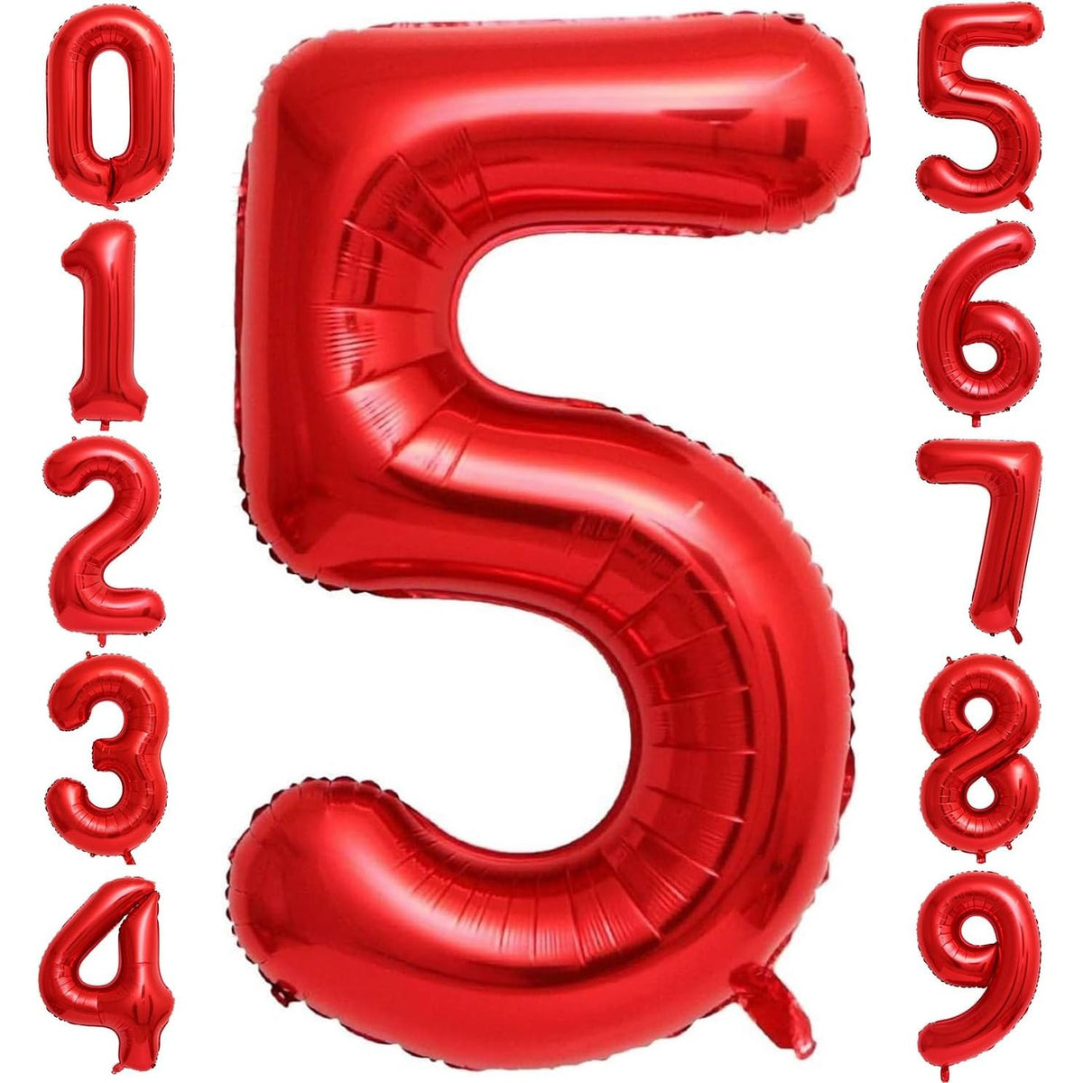 Balon Aniversar Cifra 5, Figurina din Folie Metalizata, Umflare cu Aer sau Heliu, Include Pai, Inaltime 80 cm, Rosu