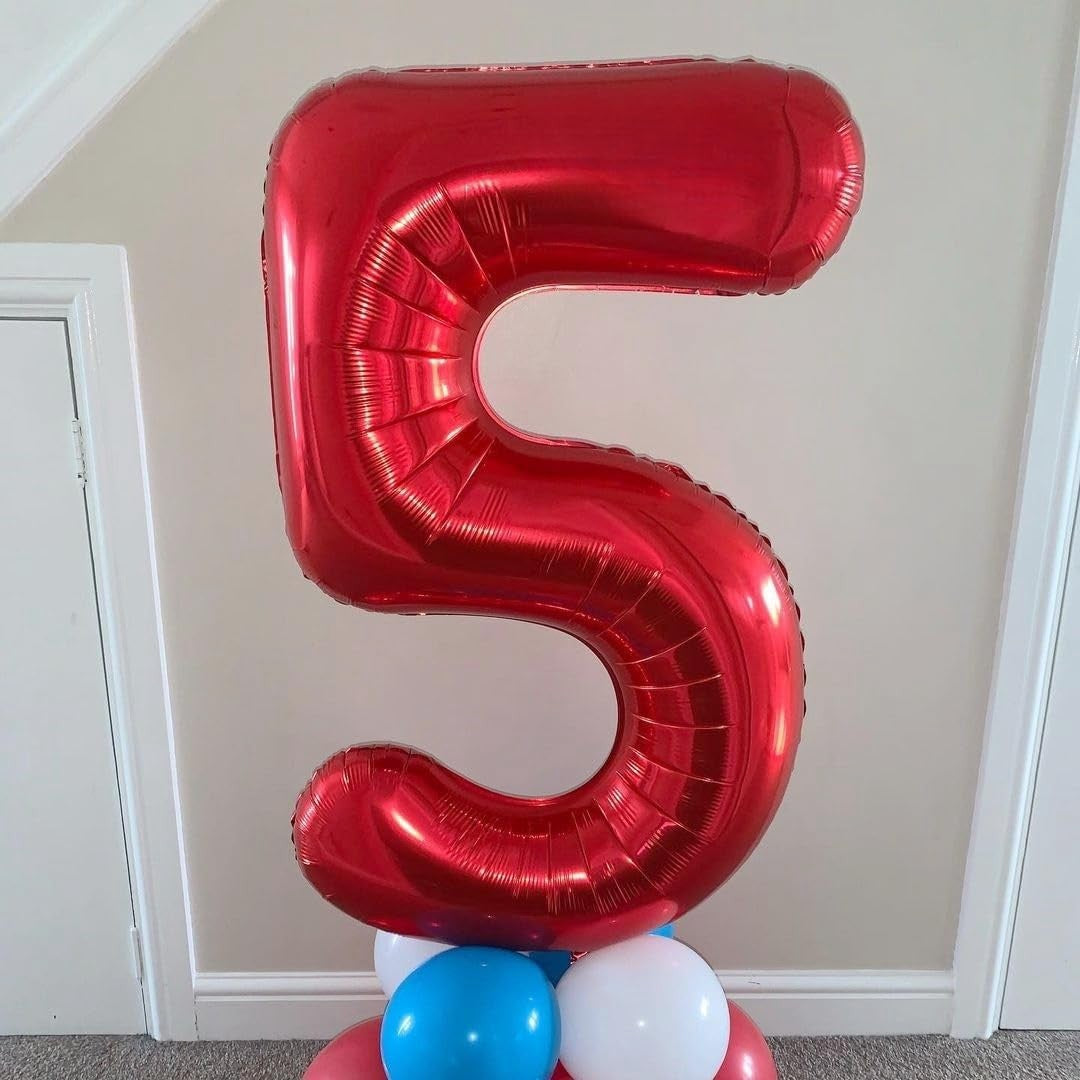 Balon Aniversar Cifra 5, Figurina din Folie Metalizata, Umflare cu Aer sau Heliu, Include Pai, Inaltime 80 cm, Rosu