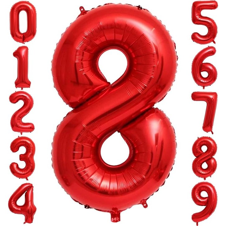 Balon Figurina Cifra 8 Aniversara, Folie Metalizata, Umflare cu Aer sau Heliu, Inaltime 80 cm, Rosu, Pai Inclus