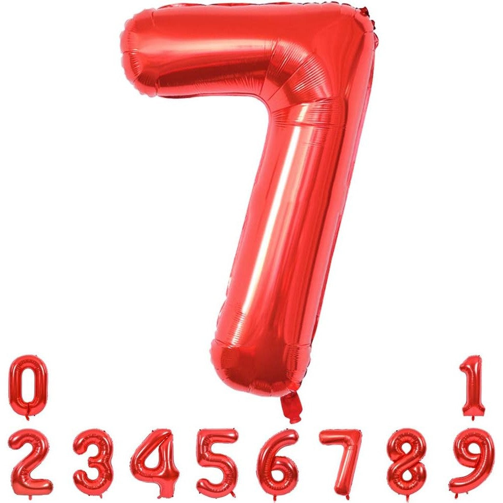 Balon Aniversar Cifra 7, Figurina Gigant din Folie Metalizata, Umflare Aer sau Heliu, Set cu Pai Inclus, Rosu, 80 cm