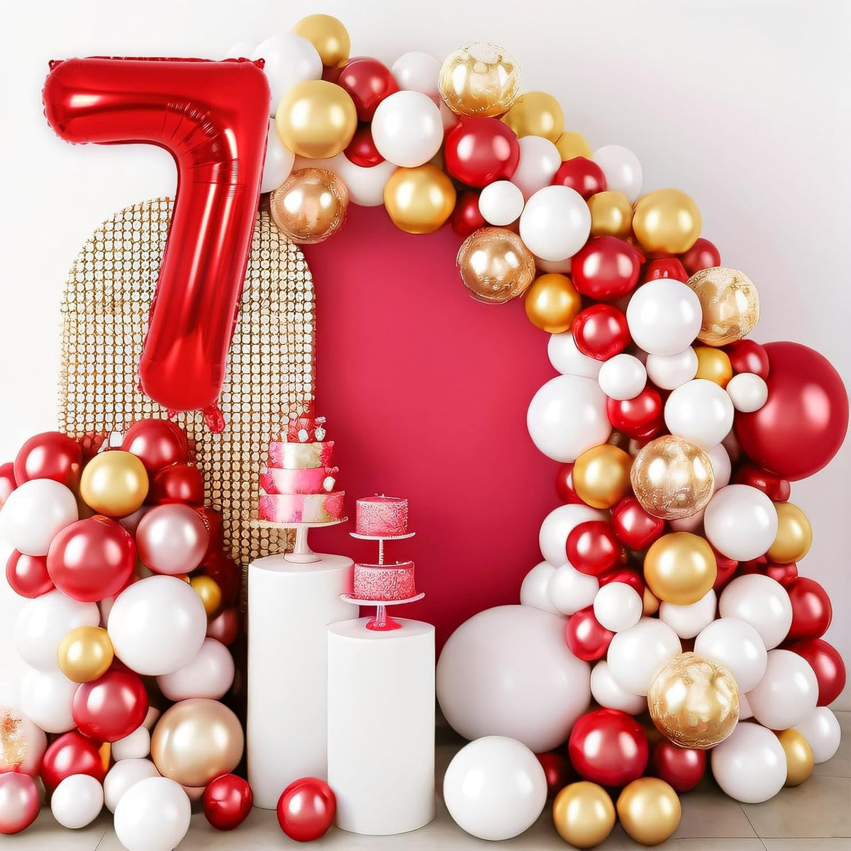 Balon Aniversar Cifra 7, Figurina Gigant din Folie Metalizata, Umflare Aer sau Heliu, Set cu Pai Inclus, Rosu, 80 cm