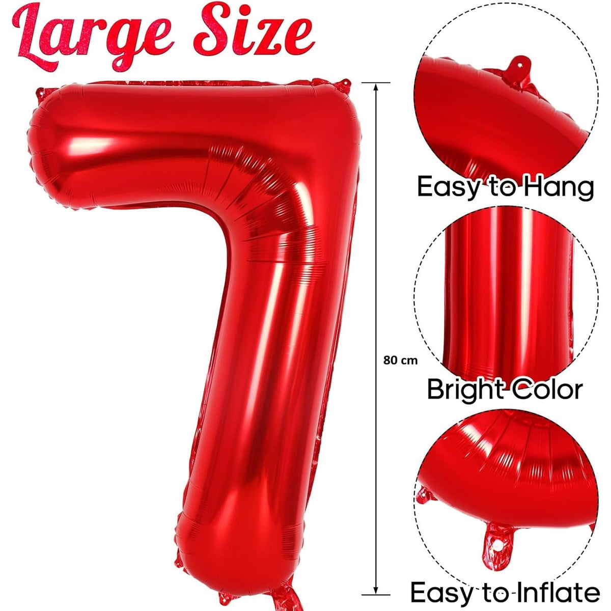 Balon Aniversar Cifra 7, Figurina Gigant din Folie Metalizata, Umflare Aer sau Heliu, Set cu Pai Inclus, Rosu, 80 cm