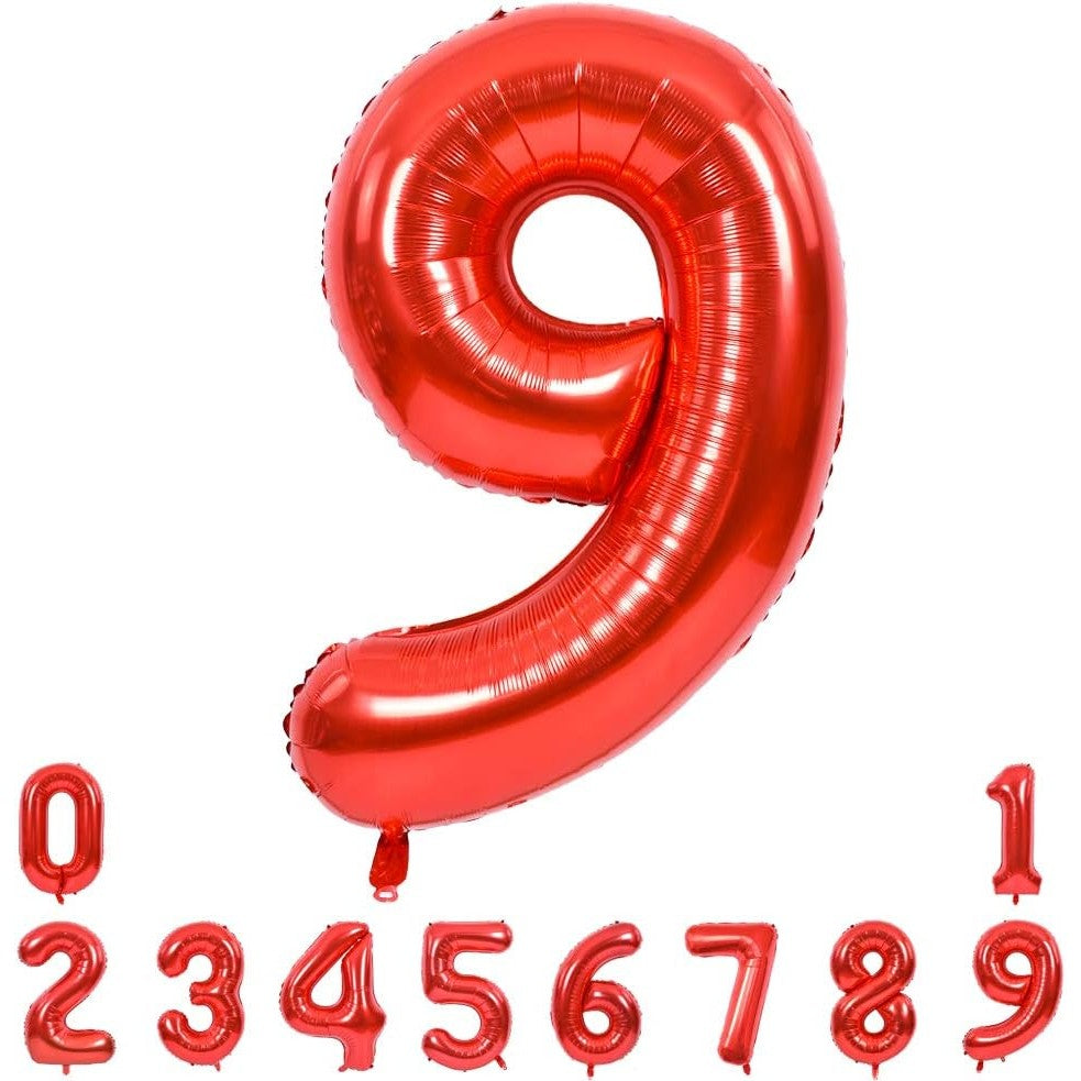 Balon Aniversar Cifra 9, Figurina din Folie Metalizata, Umflare Aer sau Heliu, Include Pai, 80 cm, Rosu