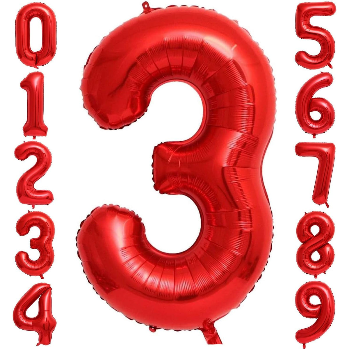 Balon Aniversar Cifra 3, Figurina din Folie Metalizata, Umflare Aer sau Heliu, include Pai, 80 cm, Rosu