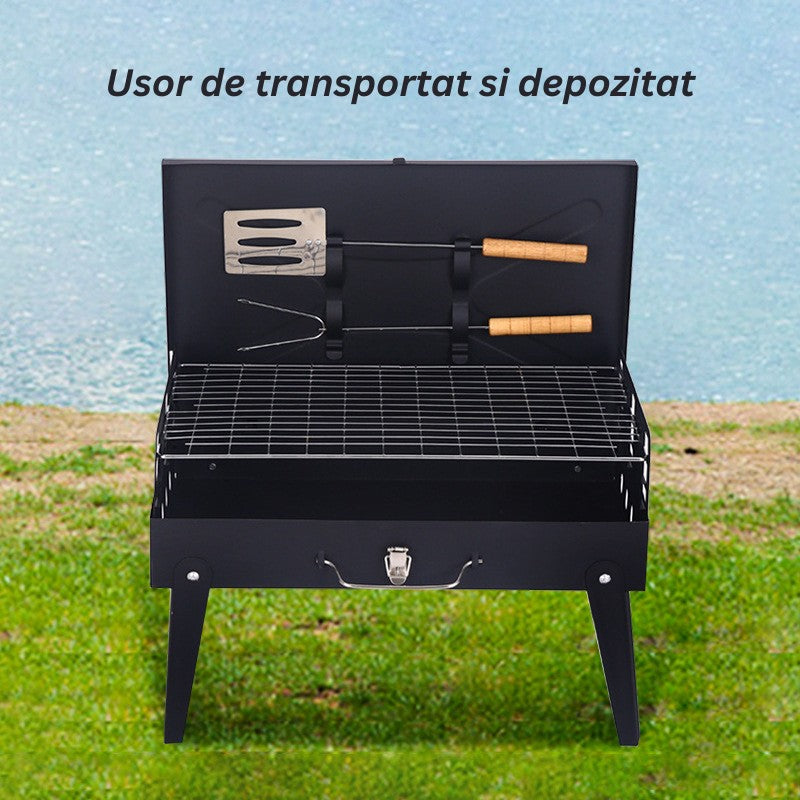 Gratar Portabil si Pliabil, Tip Servieta cu Accesorii Gatit, Metal Rezistent, Camping si Picnic, 46x43x26 cm, Negru