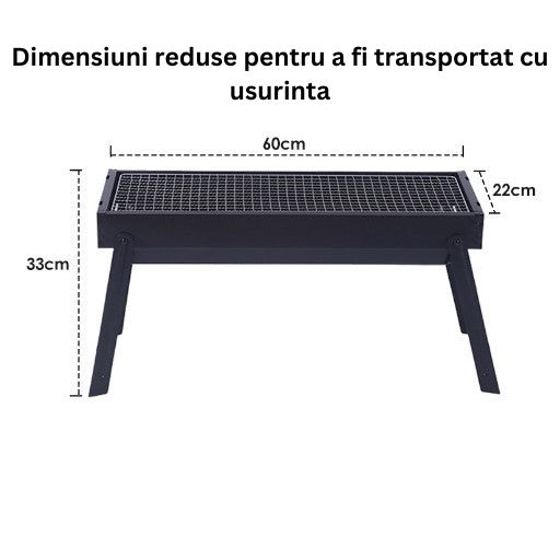 Gratar Portabil pentru Camping si Picnic, Gratar Compact din Metal Robust pentru Gradina si Terasa, 60x22x23 cm, Negru
