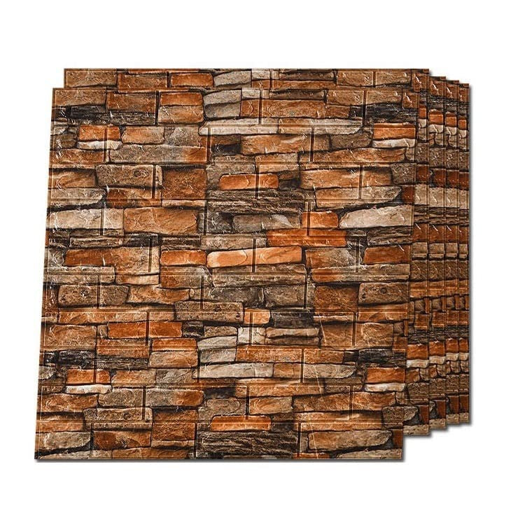 Set Tapet 3D Autoadeziv, Panouri Perete Model Caramida, Spuma Polietilena XPE Impermeabila, Grosime 3 mm, 70 x 77 cm, 10 Bucati, Acoperire 5.3 mp, Piatra Galbena