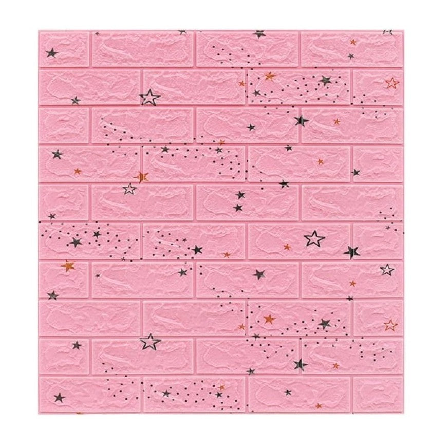 Set 10 Placi Tapet 3D Autoadeziv, Panouri Perete Tip Caramida, Model Stele si Unicorni, Spuma Polietilena XPE, Impermeabil si Anticoliziune, 70 x 77 cm, Grosime 3 mm, Suprafata 5.3 mp, Roz