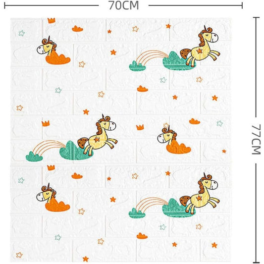 Tapet 3D Autoadeziv, Set 10 Placi Decorativ Tip Caramida, Model Unicorni, Spuma Polietilena XPE, Impermeabil si Termoizolant, 70 x 77 cm, Grosime 3 mm, Suprafata 5.3 mp, Alb