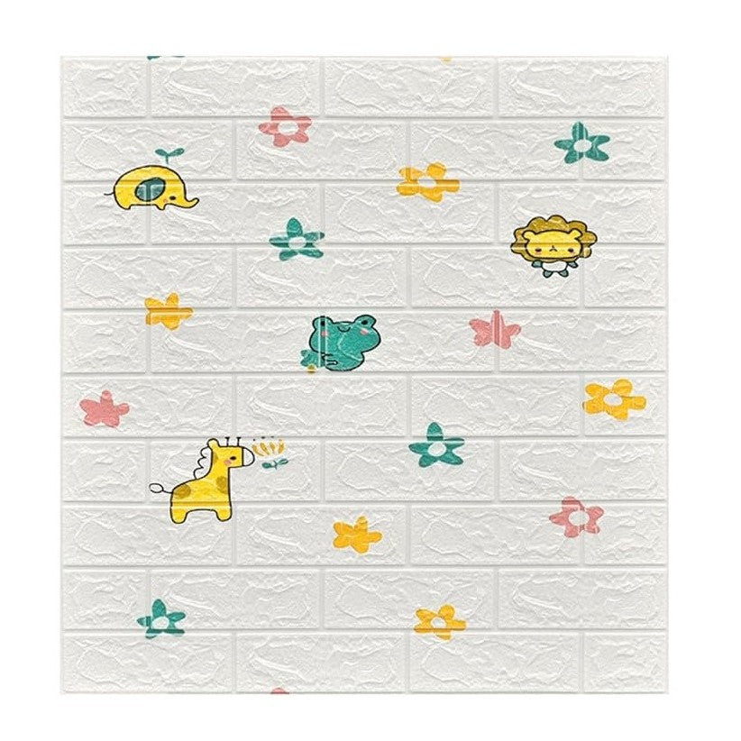 Set 10 Placi Tapet 3D Autoadeziv, Panouri Perete Tip Caramida cu Model Animalute si Floricele, Spuma Polietilena XPE Impermeabila, 70 x 77 cm, Grosime 3 mm, Suprafata 5.3 mp, Alb