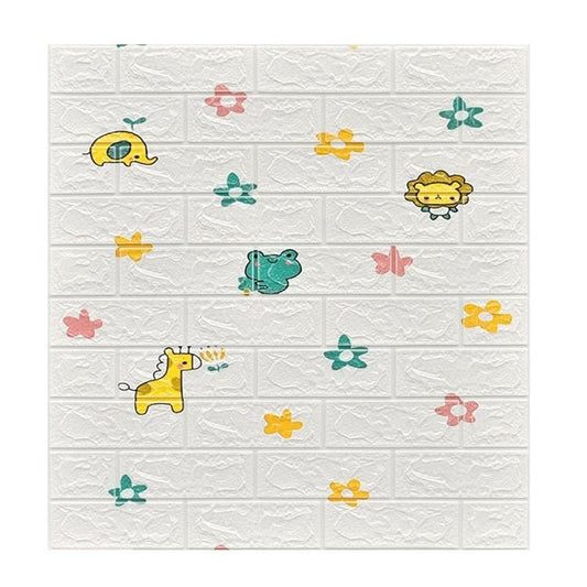 Set 10 Placi Tapet 3D Autoadeziv, Panouri Perete Tip Caramida cu Model Animalute si Floricele, Spuma Polietilena XPE Impermeabila, 70 x 77 cm, Grosime 3 mm, Suprafata 5.3 mp, Alb