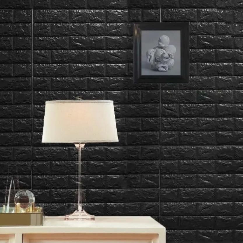 Set Tapet 3D Autoadeziv, Model Caramida, Panouri Decorative Impermeabile din Spuma Polietilena XPE, 35 x 38 cm, Grosime 3 mm, Negru, Set 10 Bucati, 1.33 mp
