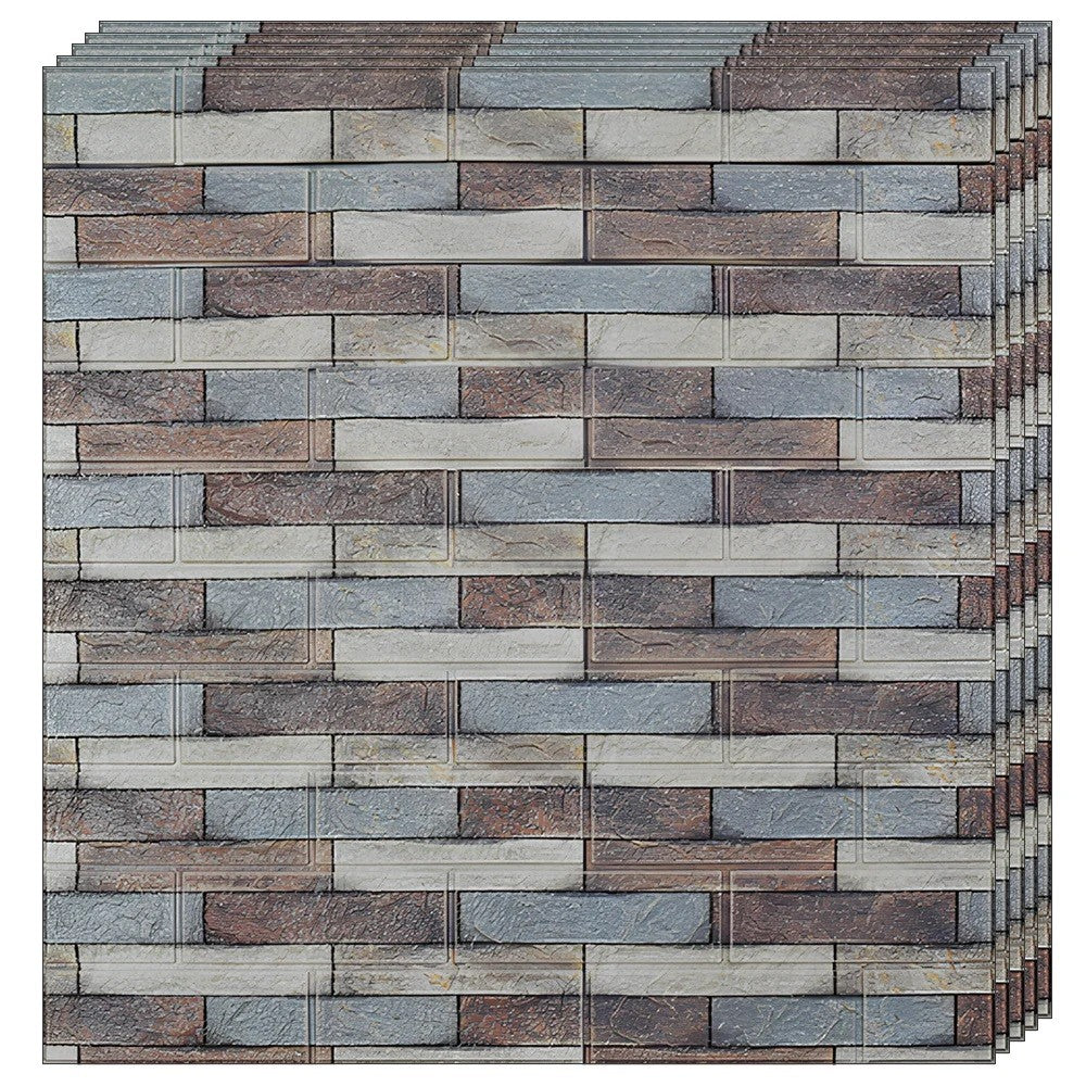 Set 10 Placi Tapet 3D Autoadeziv, Panou Perete Lavabil si Izolant, Spuma Polietilena XPE, Model Caramida, 70 x 77 cm, Grosime 3 mm, Suprafata 5.3 mp, Piatra Colorata
