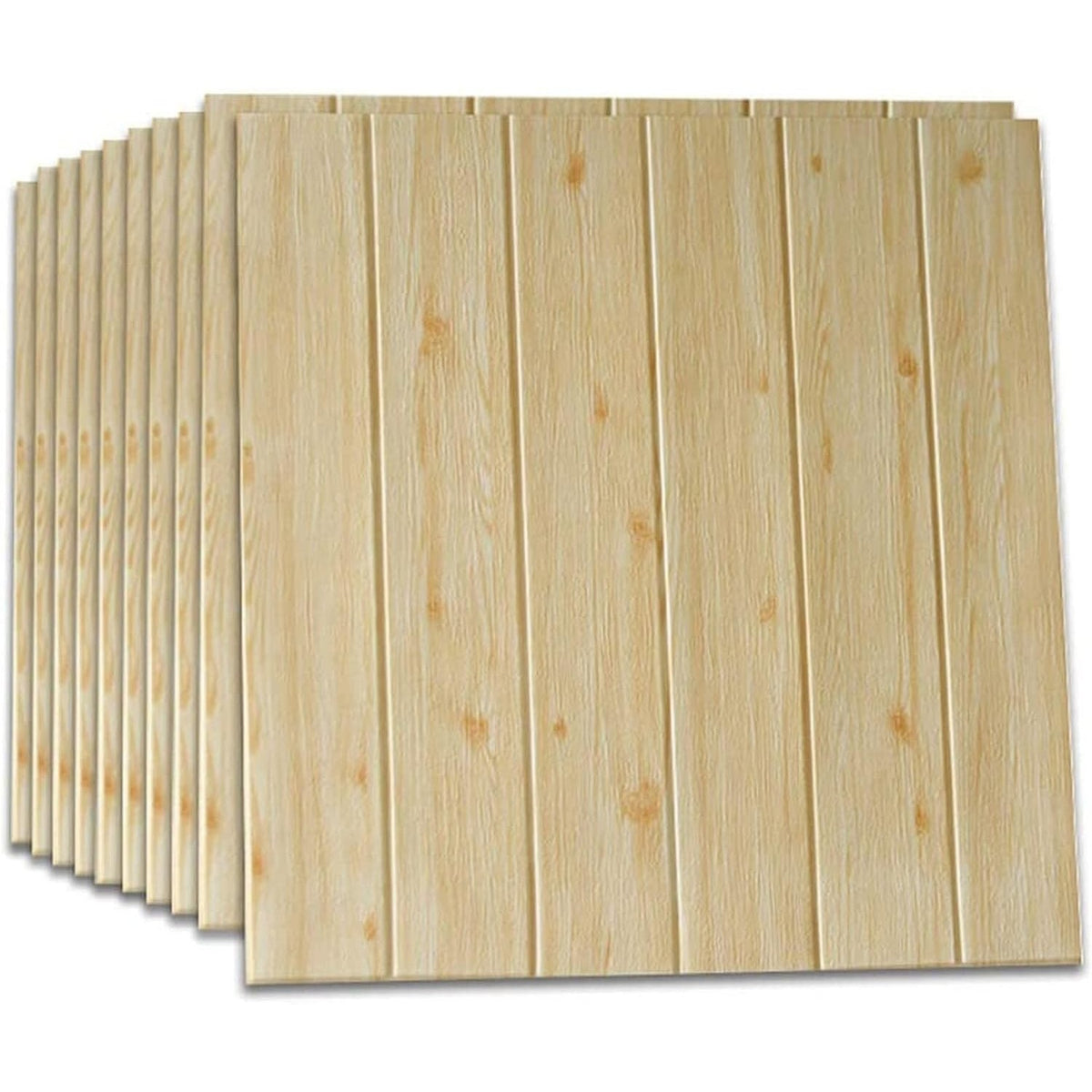 Set 10 Placi Tapet 3D Autoadeziv, Panouri Perete Interior cu Aspect Lemn, Rasina Ecologica, Izolatie Termica si Fonica, 70 x 70 cm, Grosime 3 mm, Acoperire 4.9 mp, Crem