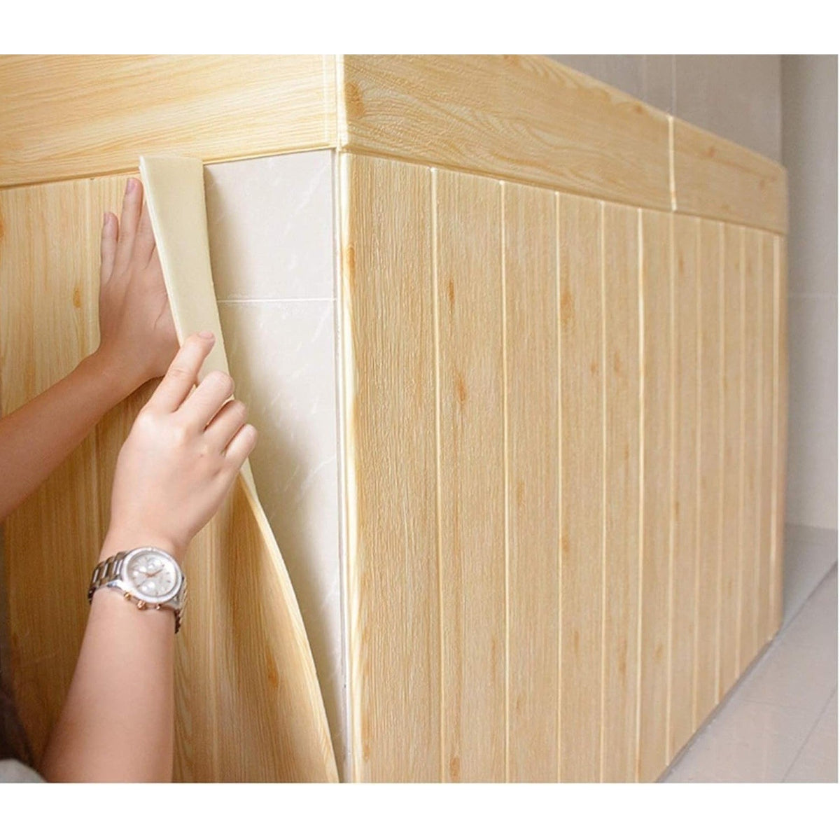 Set 10 Placi Tapet 3D Autoadeziv, Panouri Perete Interior cu Aspect Lemn, Rasina Ecologica, Izolatie Termica si Fonica, 70 x 70 cm, Grosime 3 mm, Acoperire 4.9 mp, Crem
