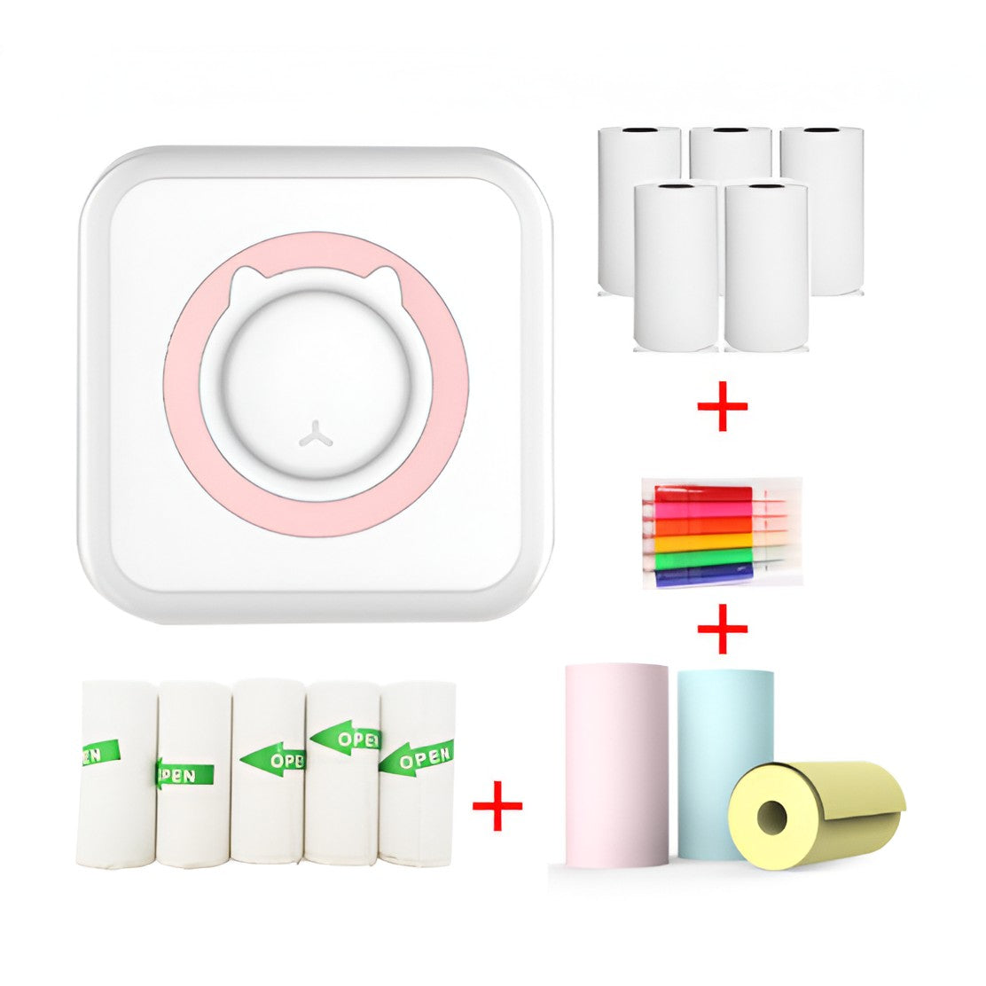 Mini Imprimanta Foto Portabila, Tehnologie Termica Bluetooth, Design Pisica, 13 Role Hartie si Autocolante, Set Pixuri Colorate, Incarcare USB, Alb/Roz