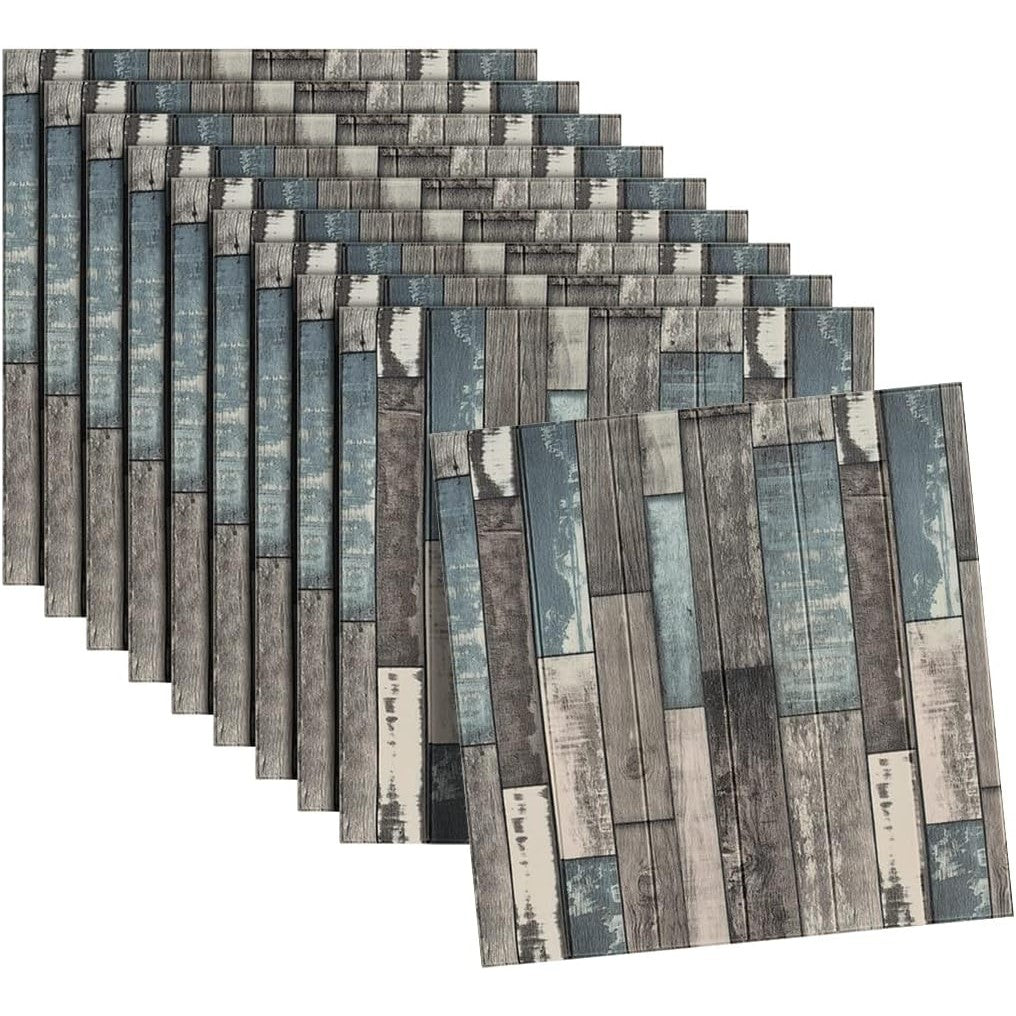 Set 10 Placi Tapet 3D Autoadeziv, Panouri Perete cu Aspect Lemn, Izolatie Fonica si Termica, Rasina Ecologica, 70 x 70 cm, Grosime 3 mm, Suprafata 4.9 mp, Gri/Albastru