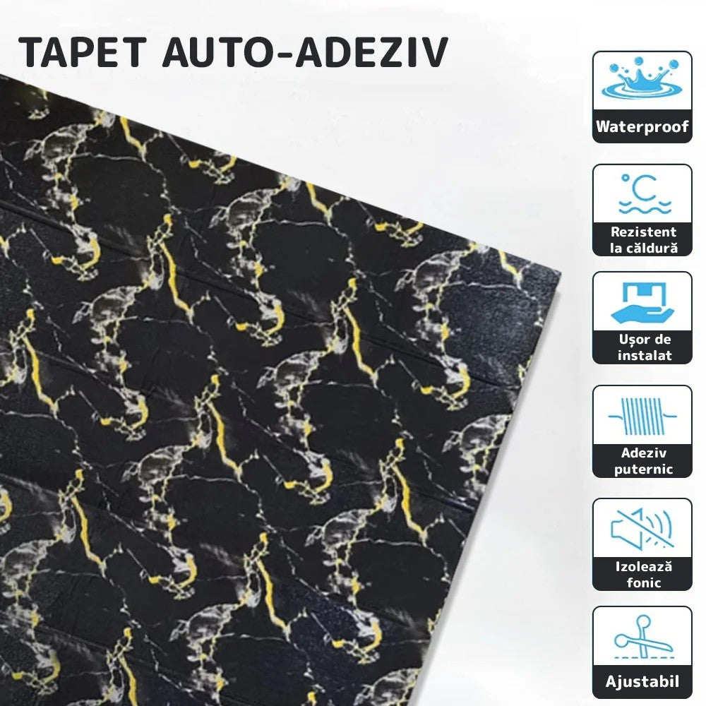 Set 10 Placi Tapet 3D Autoadeziv, Aspect Lemn, Izolant Fonic si Termic, Rasina Ecologica, 70 x 70 cm, Grosime 3 mm, 4.9 mp, Negru