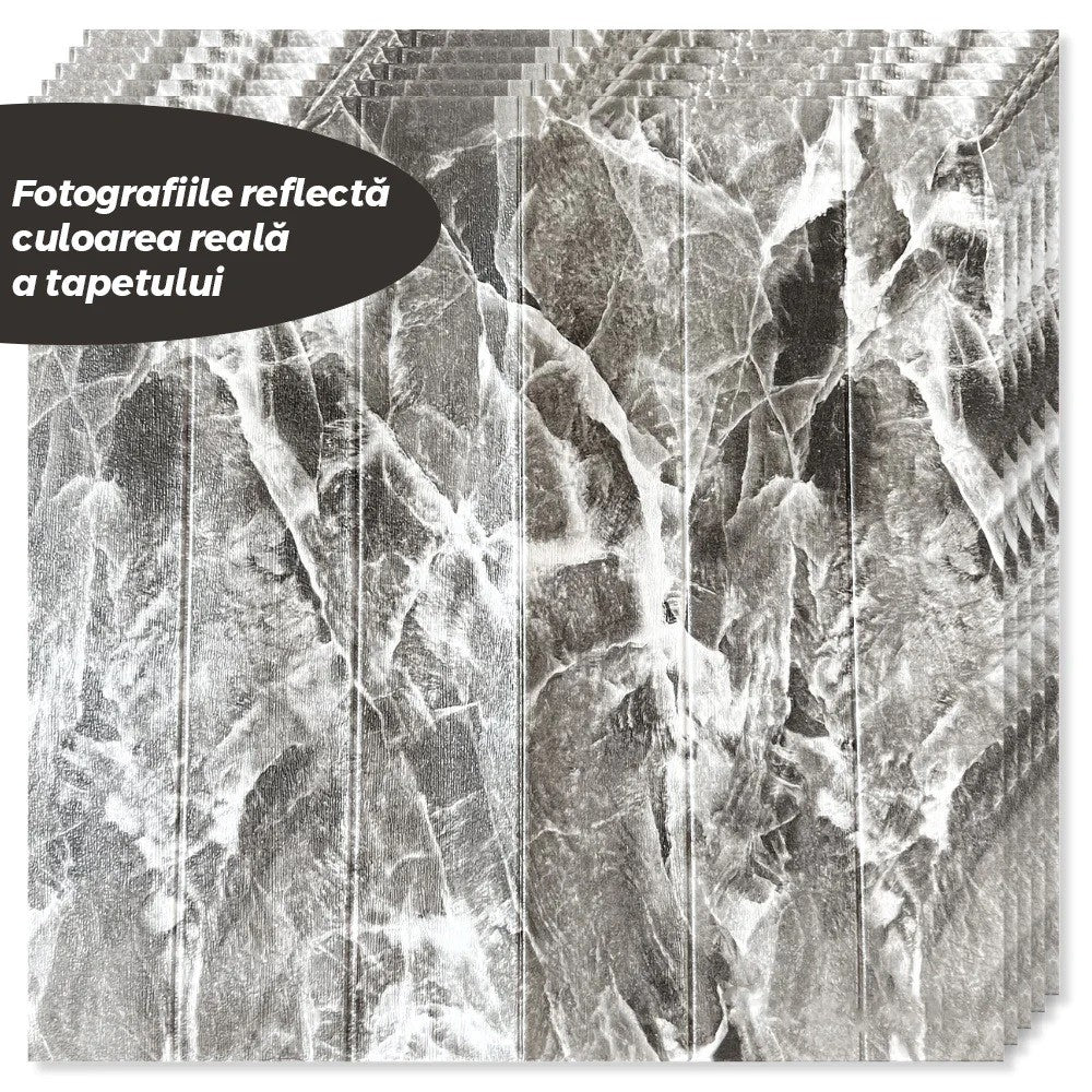Tapet 3D Autoadeziv, Set 10 Placi Decorativ Perete, Aspect Lemn, Izolant Fonic si Termic, Rasina Ecologica, 70 x 70 cm, Grosime 3 mm, Acoperire 4.9 mp, Gri Marmorat