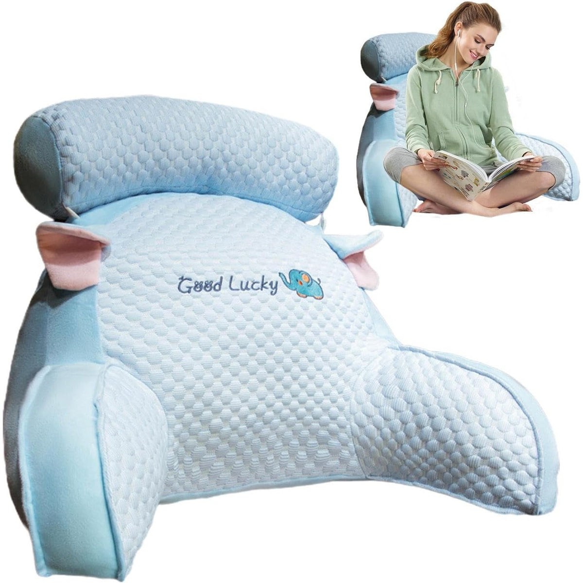 Pernă Multifuncțională și Spătar pentru Pat, Suport Lombar și Tetieră, Material Pluș Moale, Design Elefant, Albastru, 60 x 40 cm