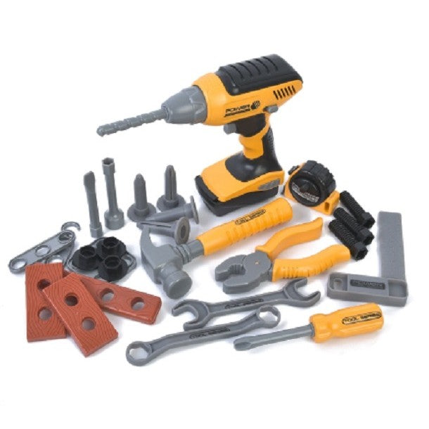 Set Scule de Jucarie pentru Copii cu Ghiozdan, Bormasina Interactivă si Accesorii Bricolaj, Plastic, 28 Piese, +3 Ani, 30.5x25x11 cm, Negru/Portocaliu