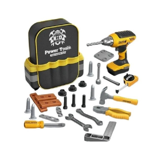 Set Scule de Jucarie pentru Copii cu Ghiozdan, Bormasina Interactivă si Accesorii Bricolaj, Plastic, 28 Piese, +3 Ani, 30.5x25x11 cm, Negru/Portocaliu
