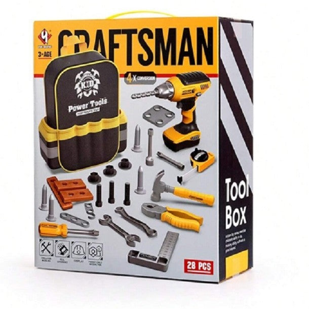 Set Scule de Jucarie pentru Copii cu Ghiozdan, Bormasina Interactivă si Accesorii Bricolaj, Plastic, 28 Piese, +3 Ani, 30.5x25x11 cm, Negru/Portocaliu
