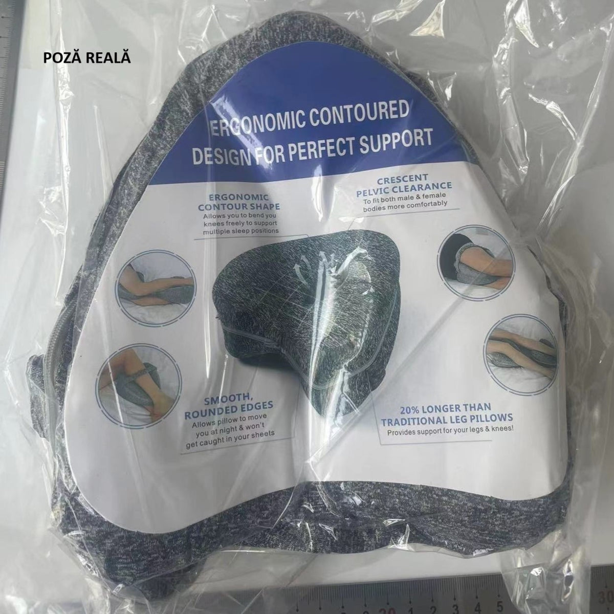 Pernă Ortopedică pentru Picioare și Genunchi, Design Ergonomic în Formă de Inimă cu Curea Anti-cădere, Spumă cu Memorie, 25x23x13 cm, Gri