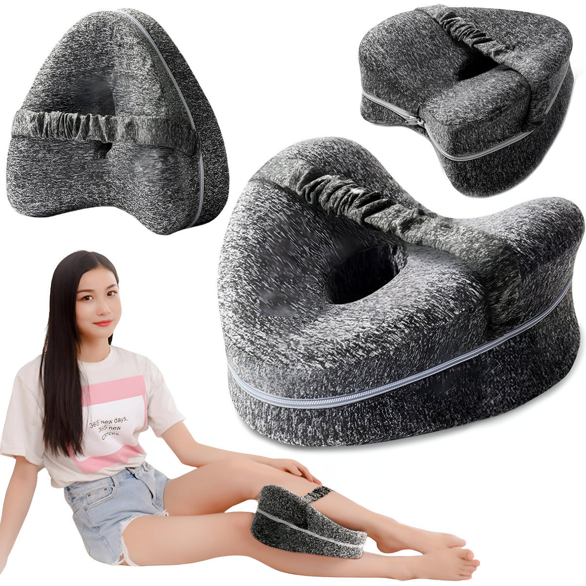 Pernă Ortopedică pentru Picioare și Genunchi, Design Ergonomic în Formă de Inimă cu Curea Anti-cădere, Spumă cu Memorie, 25x23x13 cm, Gri