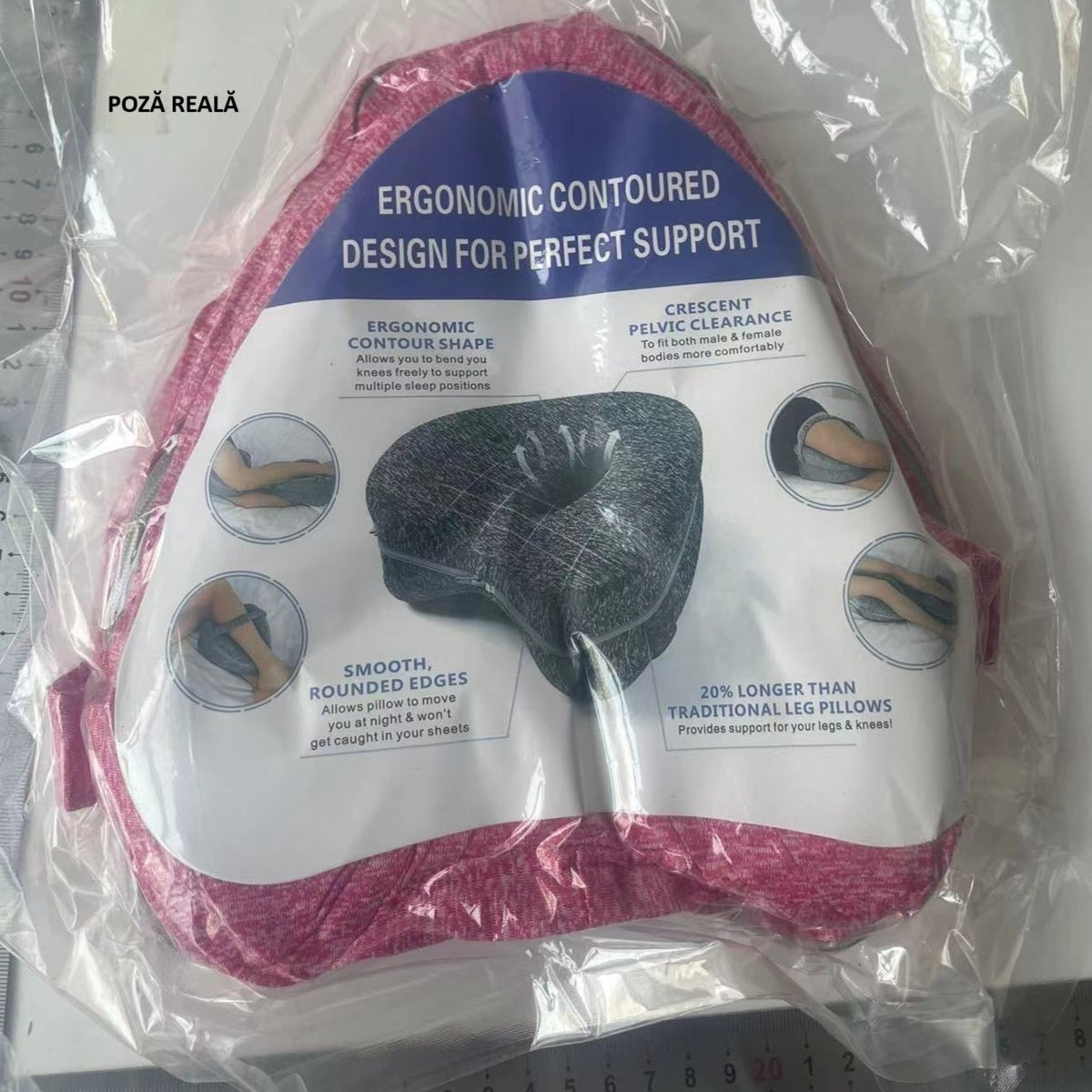 Pernă Ortopedică pentru Picioare și Genunchi, Design Ergonomic în Formă de Inimă cu Curea Anti-cădere, Spumă cu Memorie Termo-elastică, 25x23x13 cm, Roz