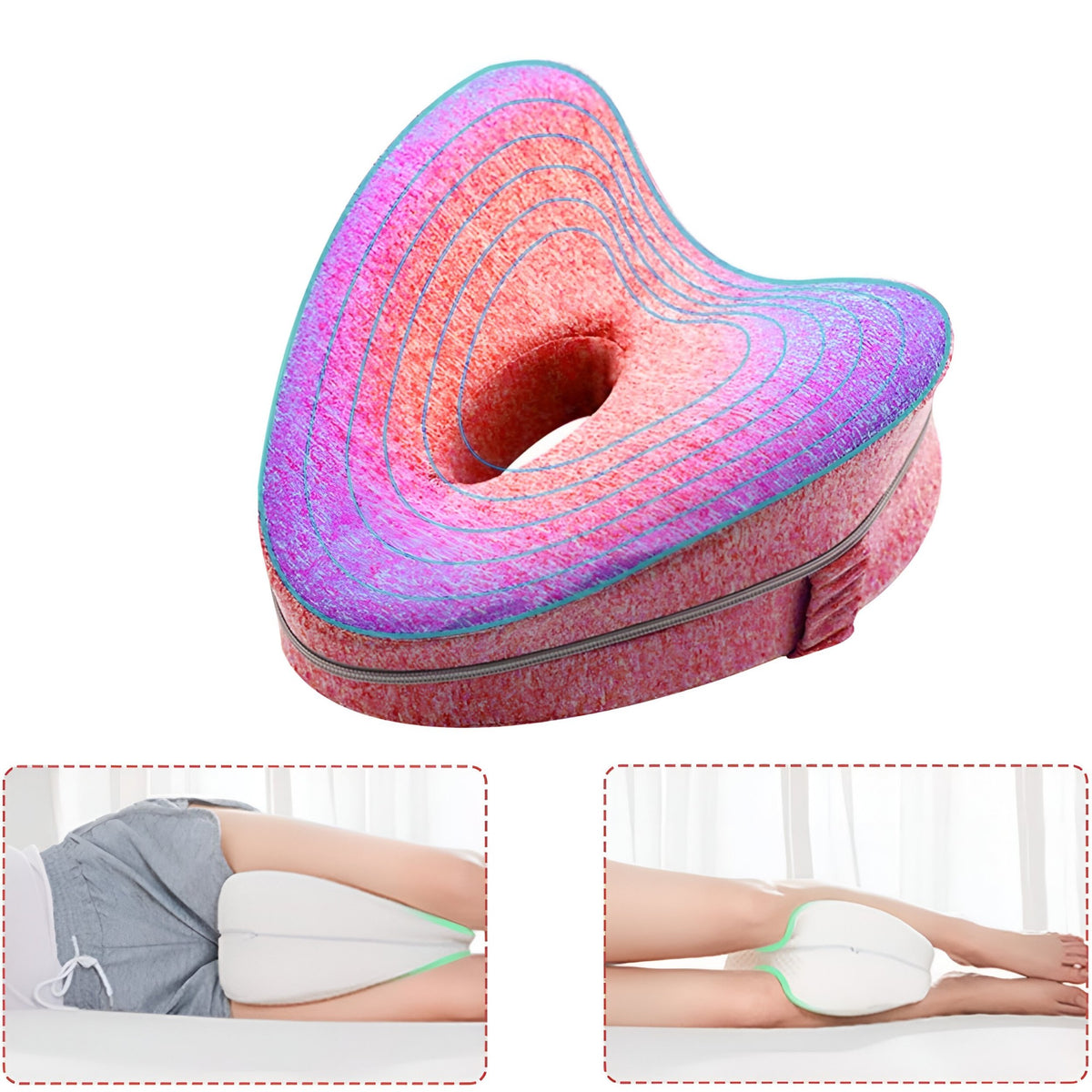 Pernă Ortopedică pentru Picioare și Genunchi, Design Ergonomic în Formă de Inimă cu Curea Anti-cădere, Spumă cu Memorie Termo-elastică, 25x23x13 cm, Roz