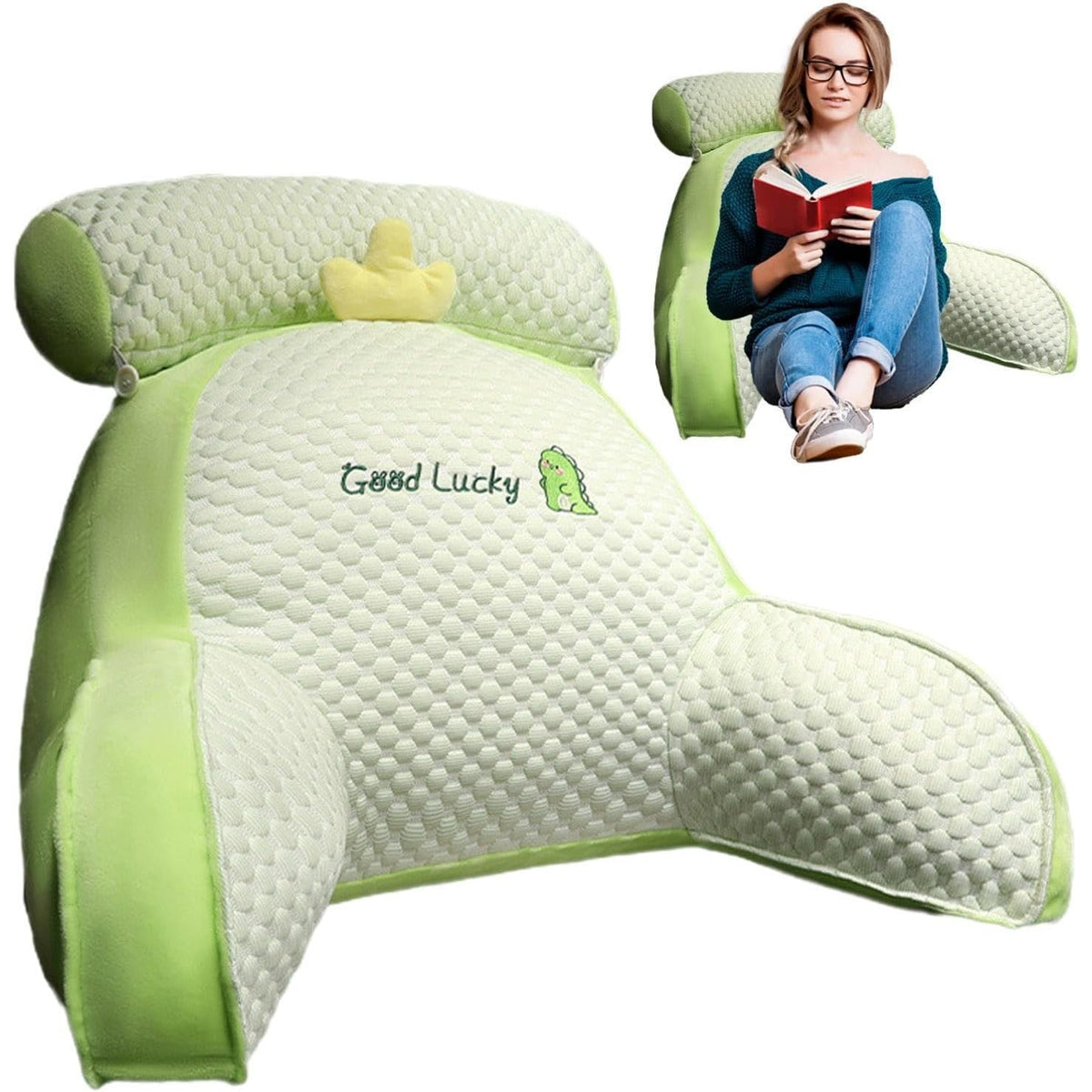 Pernă Multifuncțională și Spătar pentru Pat, Suport Lombar și Tetieră, Material Pluș cu Umplutură Bumbac PP, Model Dinozaur, Verde, 60 x 40 cm
