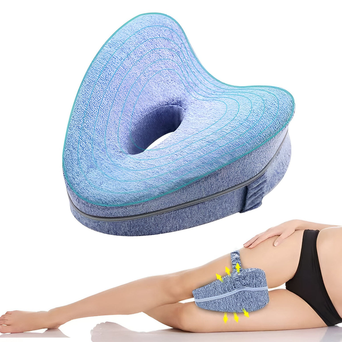 Pernă Ortopedică pentru Picioare și Genunchi, Design Ergonomic în Formă de Inimă cu Curea Anti-cădere, Spumă cu Memorie Termo-elastică, 25x23x13 cm, Albastru