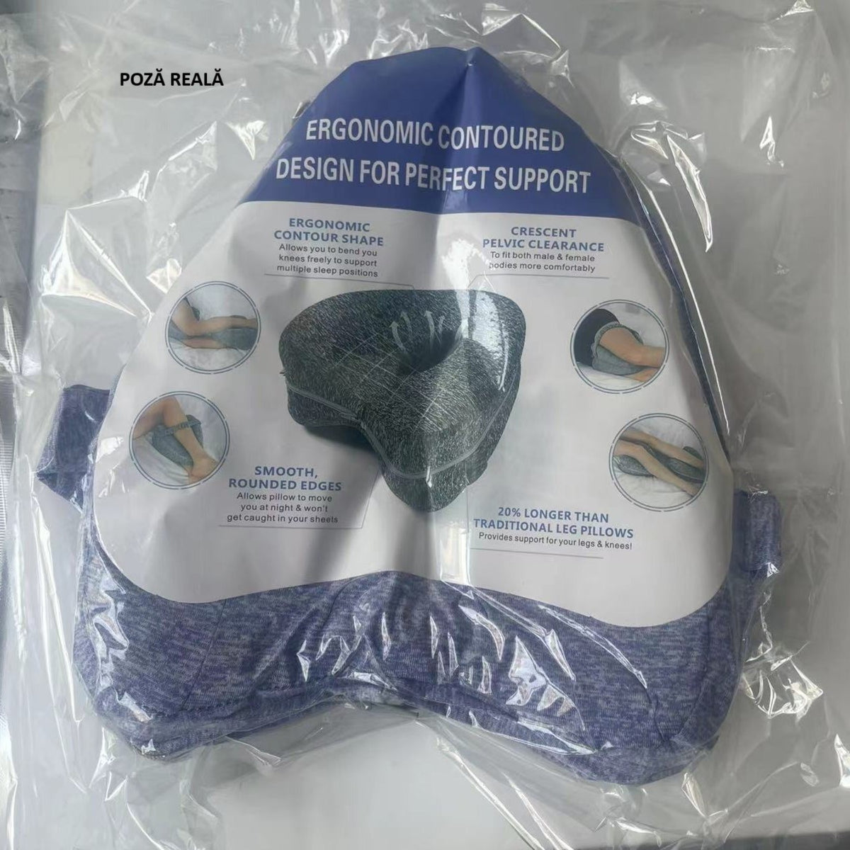 Pernă Ortopedică pentru Picioare și Genunchi, Design Ergonomic în Formă de Inimă cu Curea Anti-cădere, Spumă cu Memorie Termo-elastică, 25x23x13 cm, Albastru