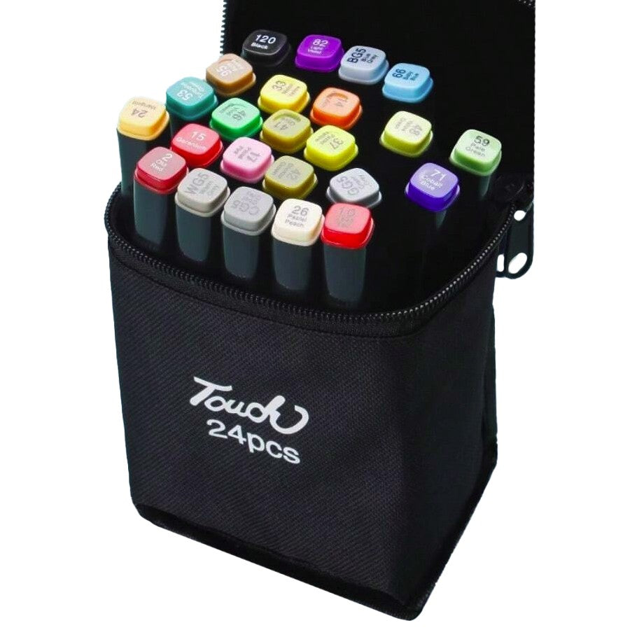 Touch Room Set Markere Profesionale pe Baza de Alcool, Doua Capete Lat si Subtire, Pigmentare Ridicata, Geanta Depozitare Inclusa, Multicolor, Set 24 Bucati