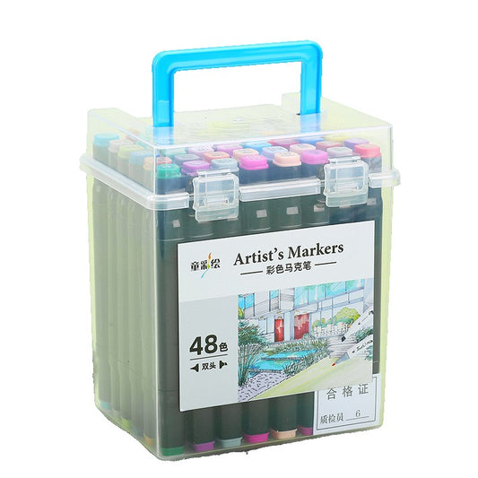 Twin Touch Set 48 Markere cu Alcool, Carioci Profesionale cu Două Capete, Vârf Lat și Subțire, Cutie Plastic cu Mâner, Multicolor