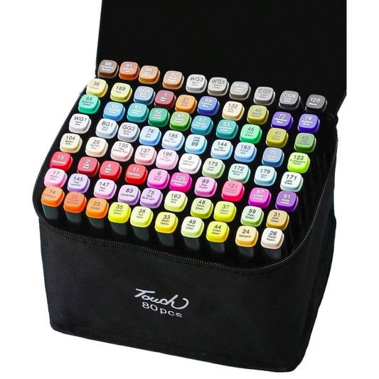 Touch Room Markere cu Alcool Profesional, Set 80 Culori pentru Desen, Varf Dublu Lat si Subtire, Cerneala Non-Toxica, Geanta Transport Inclusa, Multicolor