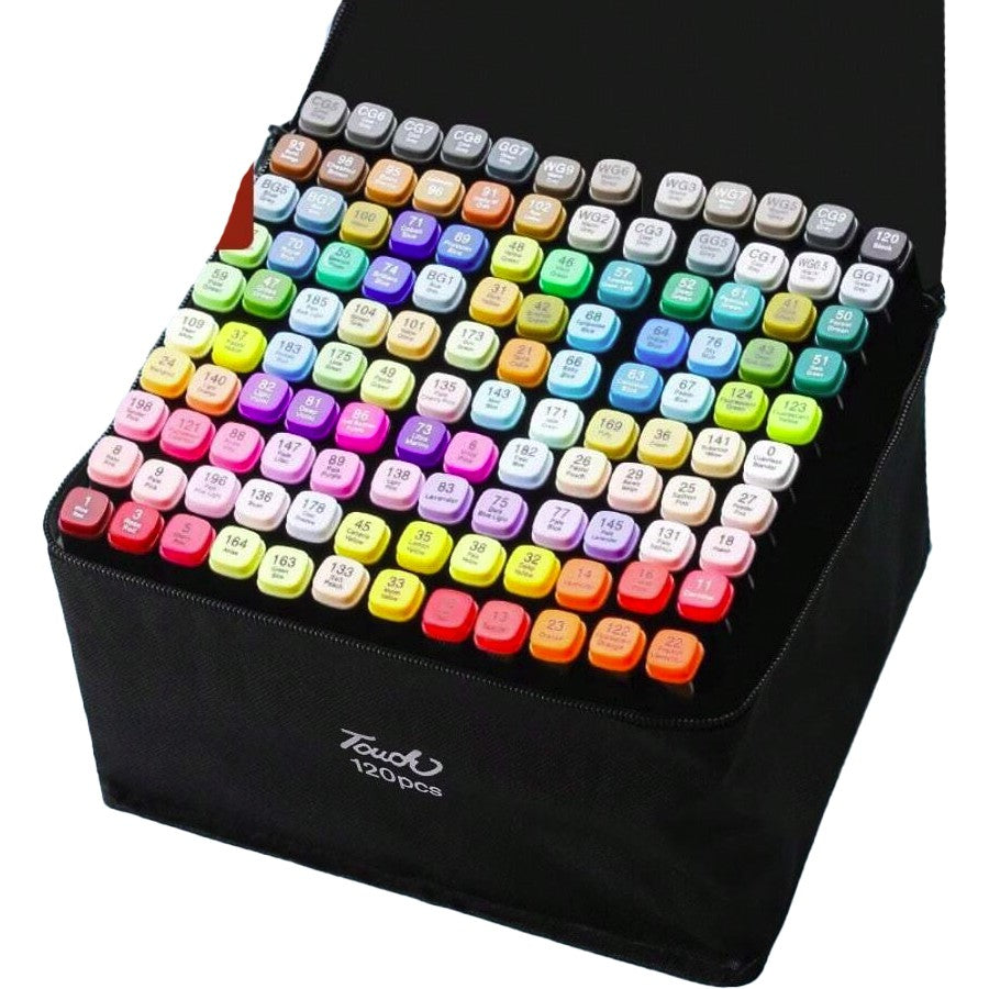 Touch Room Set Markere Cu Alcool, Doua Capete Lat Si Subtire, Pigment Bogat, Geanta Transport Inclusa, Multicolor, 120 Bucati