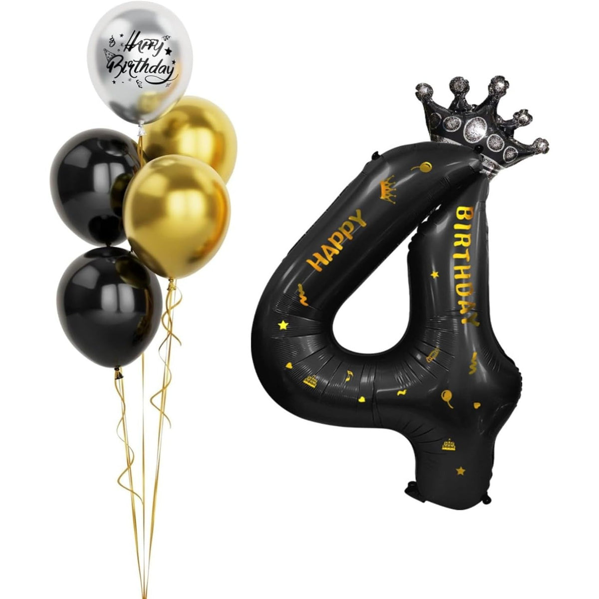 Balon Aniversar Cifra 4 cu Coroana si Scris Happy Birthday, Figurina Gigant pentru Petrecere, Folie de Aluminiu, Umflare Aer sau Heliu, 100 cm, Negru
